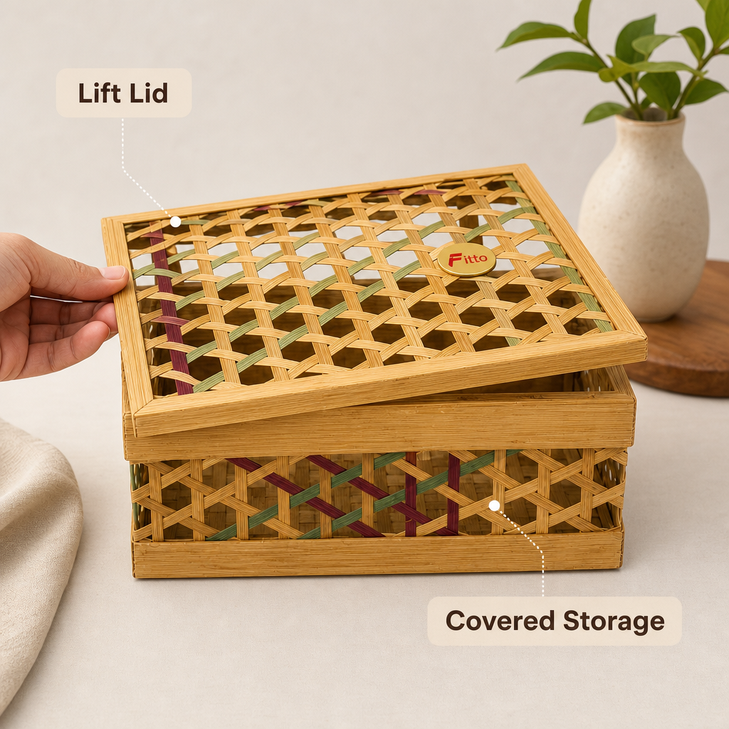 72 Pieces Handwoven Bamboo Storage Box with Woven Lid, Square Natural Design, 20 x 20 x 10 cm