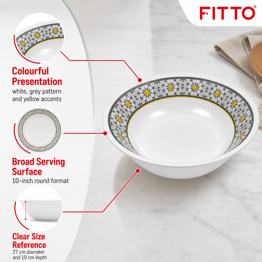 96 Pieces Melamine Salad Bowl, 10 Inch, Round Tablewares, White with Grey Pattern and Yellow Accents