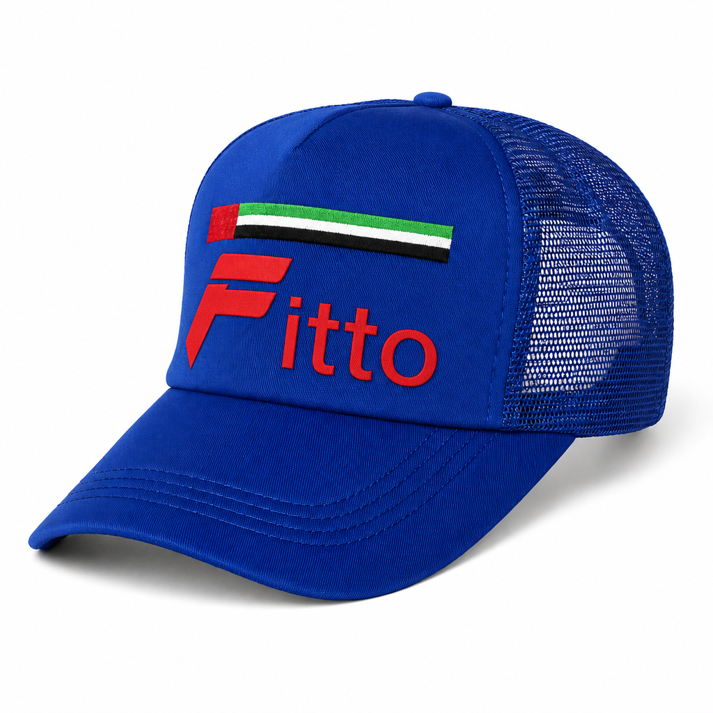 120 Pieces Blue Trucker Cap with UAE Flag Design, Curved Visor and Mesh Back, 1 Piece