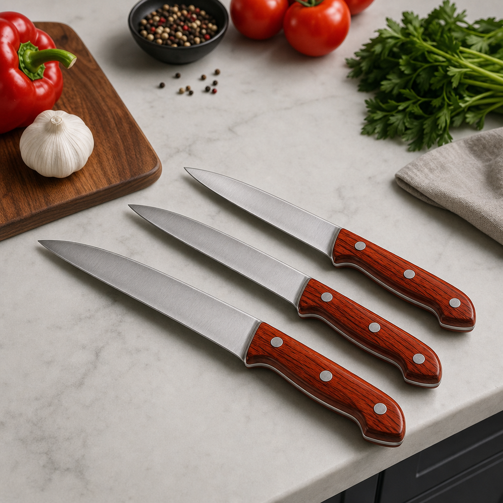 120 Pieces 3-Piece Kitchen Knives Set, Brown and Silver Stainless Steel Blades with Brown Wooden Handles