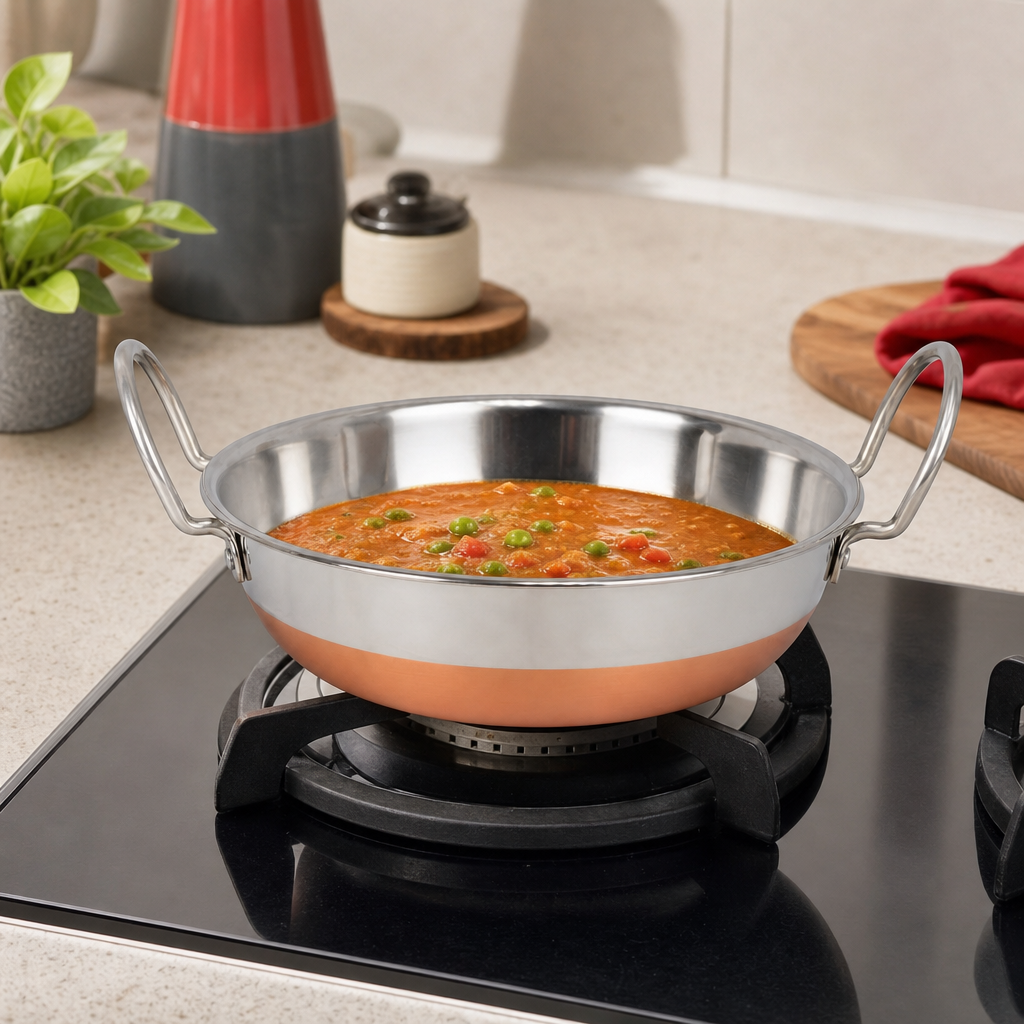 72 Pieces Stainless Steel Deep Frying Kadai with Copper Bottom, 21 cm