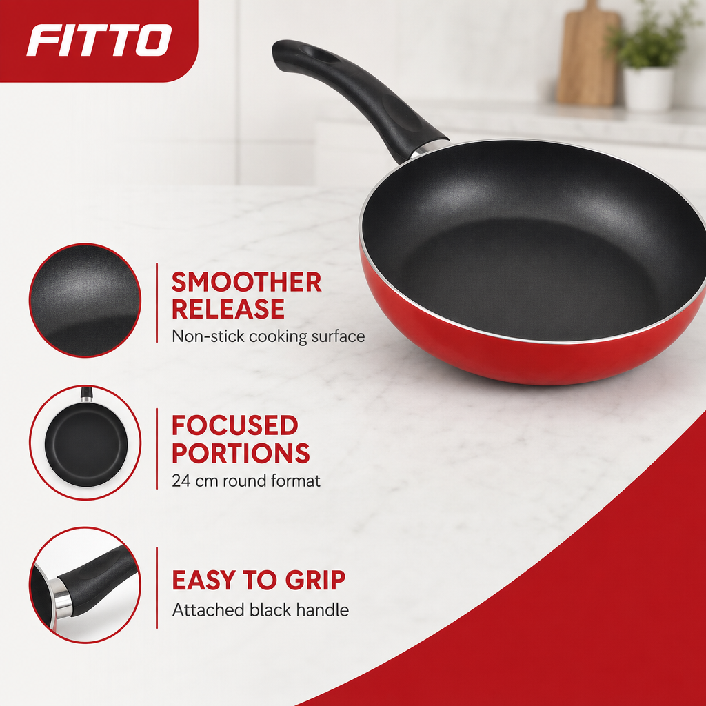72 Pieces Red 24 cm Aluminum Non-Stick Frying Pan with Black Handle