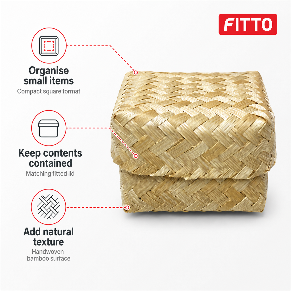 96 Pieces Handwoven Bamboo Square Storage Box with Lid, Natural Finish, 11 x 11 x 7 cm