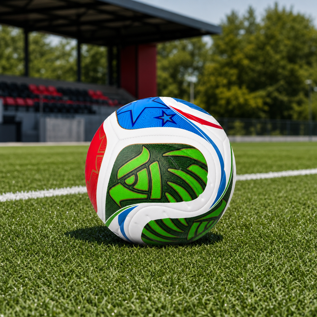 60 Pieces Size 5 Football, White with Blue, Green and Red Curved Panel Design, Single Piece