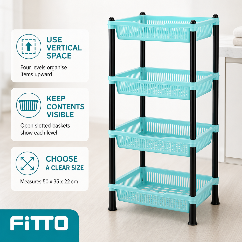 72 Pieces 4-Tier Plastic Storage Basket Rack, Aqua and Black Open Shelving Organizer, 50 x 35 x 22 cm, 1 Unit