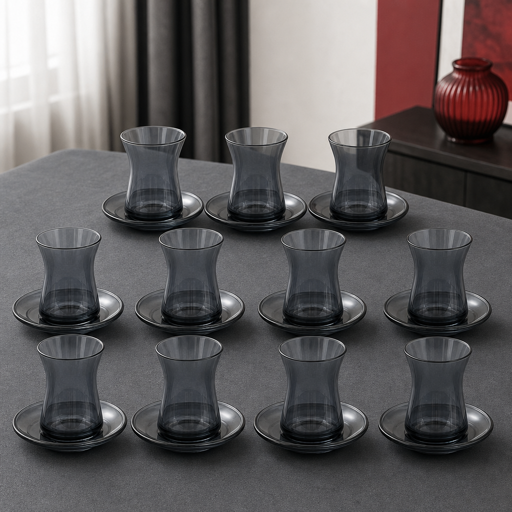 60 Pieces Glass Tea Cup And Saucer Set, Smoke Black, 12 Pieces
