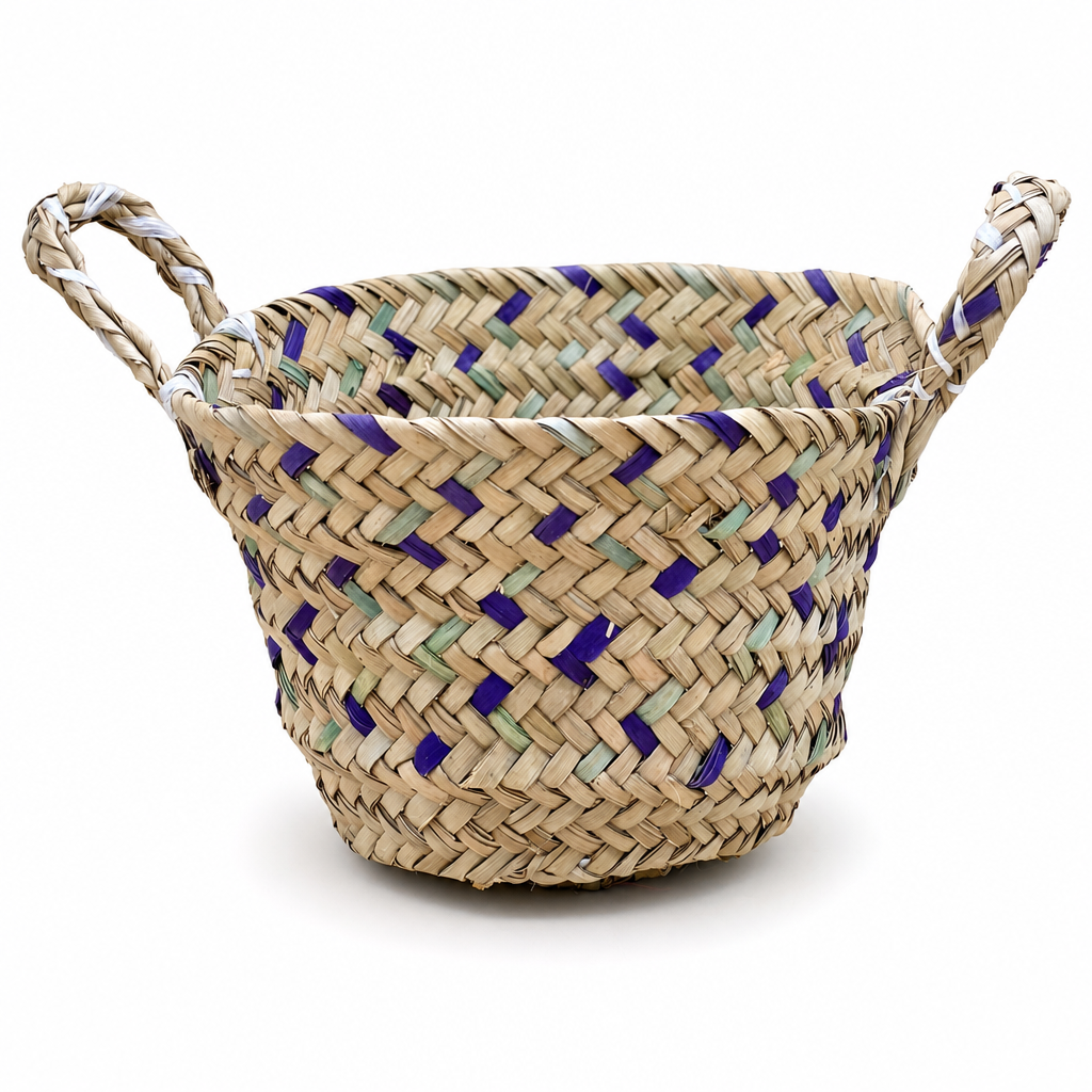 72 Pieces Handwoven Storage Baskets with Handles, Medium, Natural Tone with Purple and Mint Accents