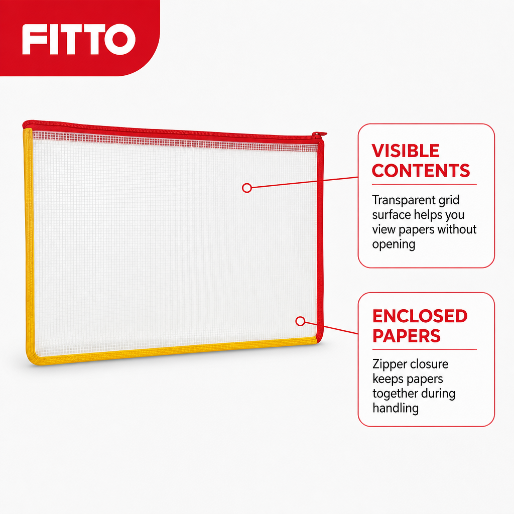 144 Pieces Transparent Grid Zipper Document Folder with Red Trim, 35 x 25 x 2 cm, 1 Piece