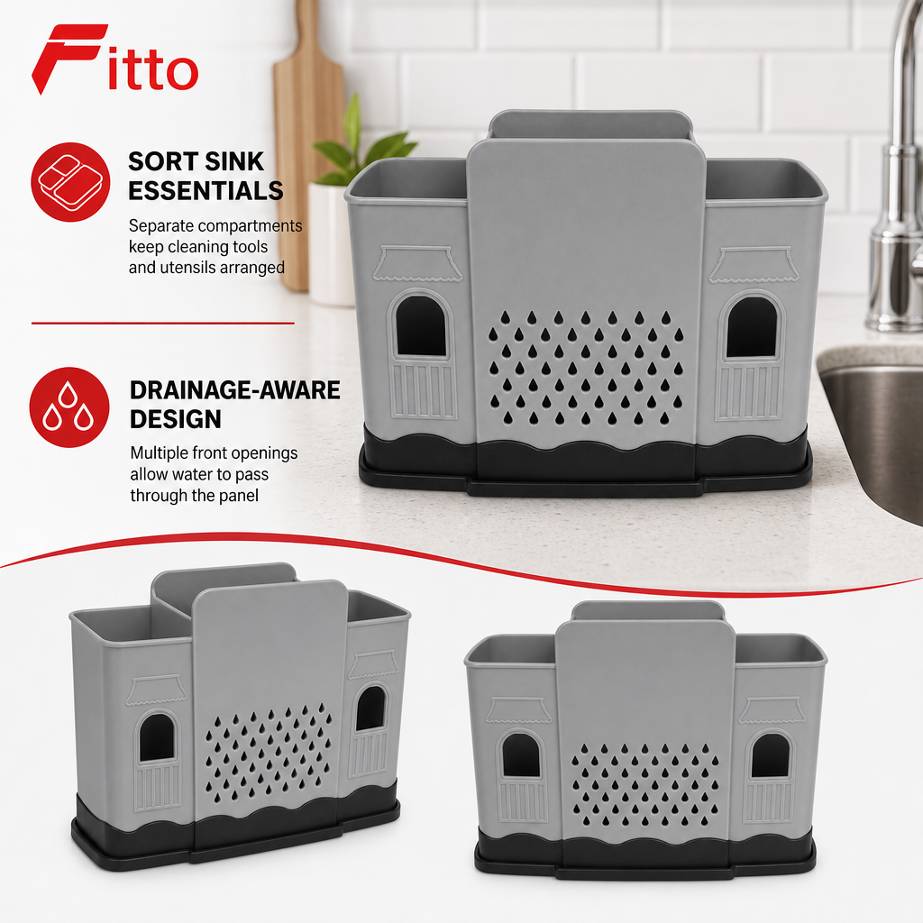 120 Pieces Sink Caddy Organiser with Sponge and Utensil Compartments, Grey and Black, 23 x 11 x 14 cm