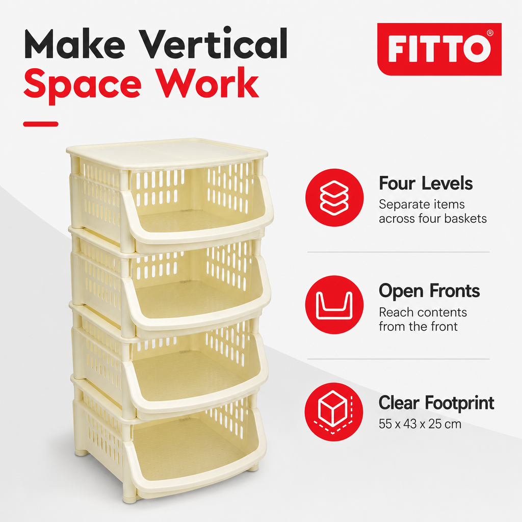 48 Pieces Storage Rack, Four-Tier Stackable Plastic Shelf with Open-Front Baskets, Cream, 55 x 43 x 25 cm