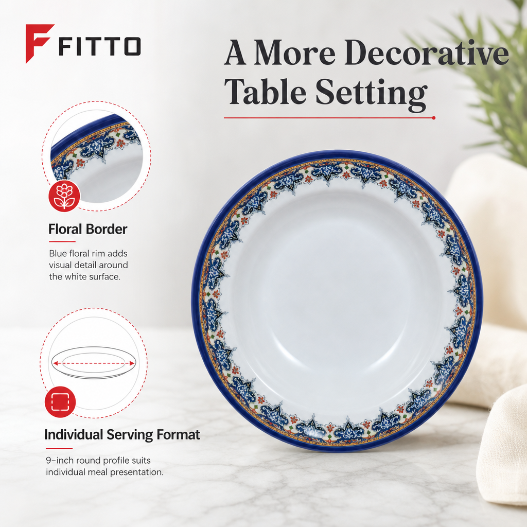 120 Pieces Melamine Soup Plate, 9 Inch, Round White Plate with Blue Floral Border
