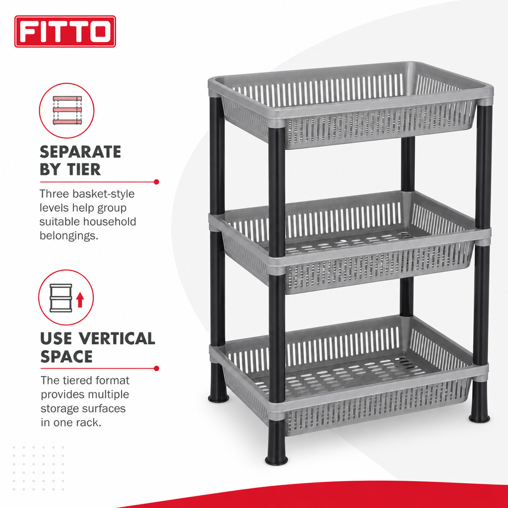 72 Pieces 3-Tier Plastic Storage Basket Rack, Grey and Black, 50 x 35 x 18 cm, 1 Unit