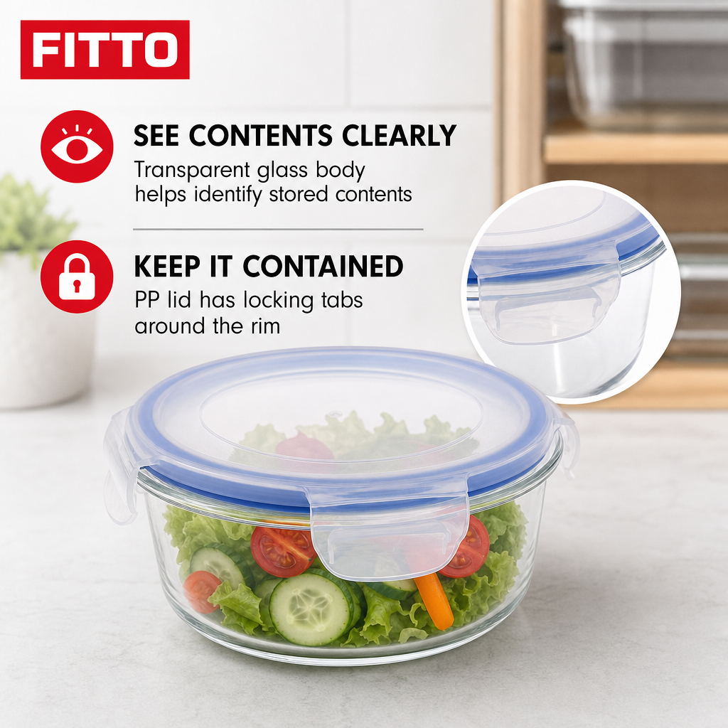 96 Pieces Round Glass Food Container with PP Locking Lid, 1300 ml