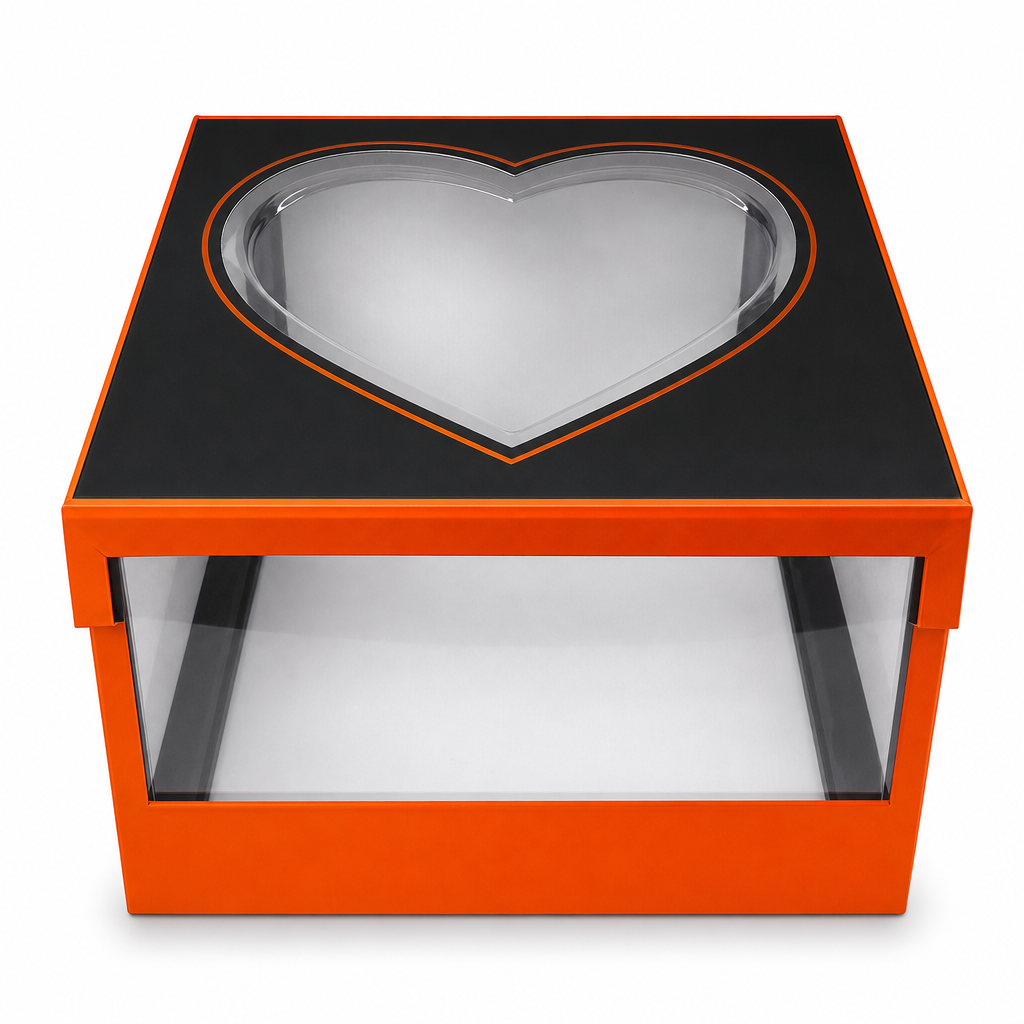 48 Pieces Acrylic Presentation Box, Orange and Black, Transparent Heart Window, 30 x 30 x 20 cm, 1 Piece