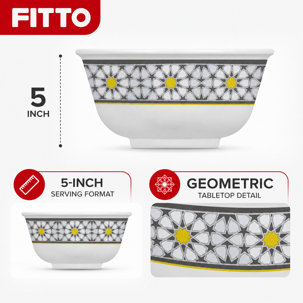 120 Pieces Melamine Rice Bowl, 5 Inch, White and Grey with Yellow Geometric Accents