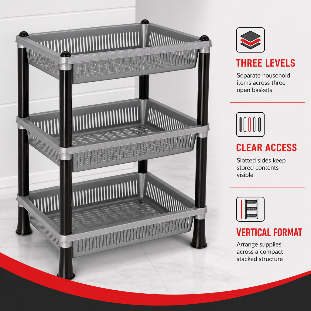 72 Pieces 3-Tier Plastic Storage Basket Rack, Grey, 40 x 30 x 18 cm
