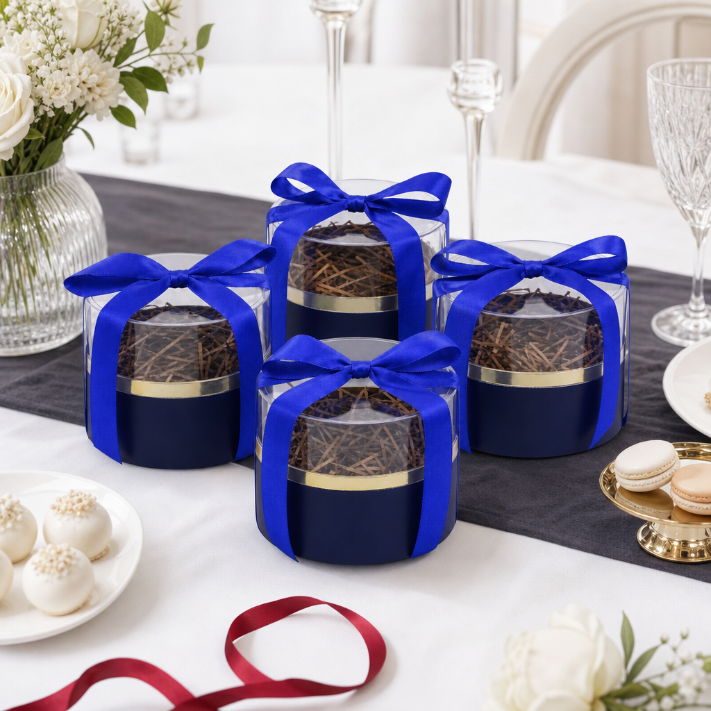 60 Pieces Blue Round Acrylic Presentation Boxes with Ribbon, 12 x 12 x 11.5 cm, 4 Pieces
