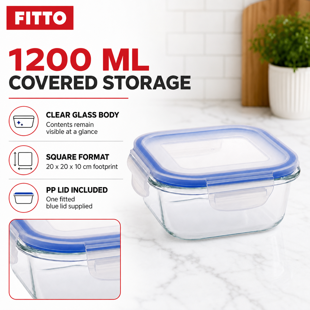 96 Pieces Square Glass Food Container With PP Lid, 1200 ml, Clear With Blue Lid