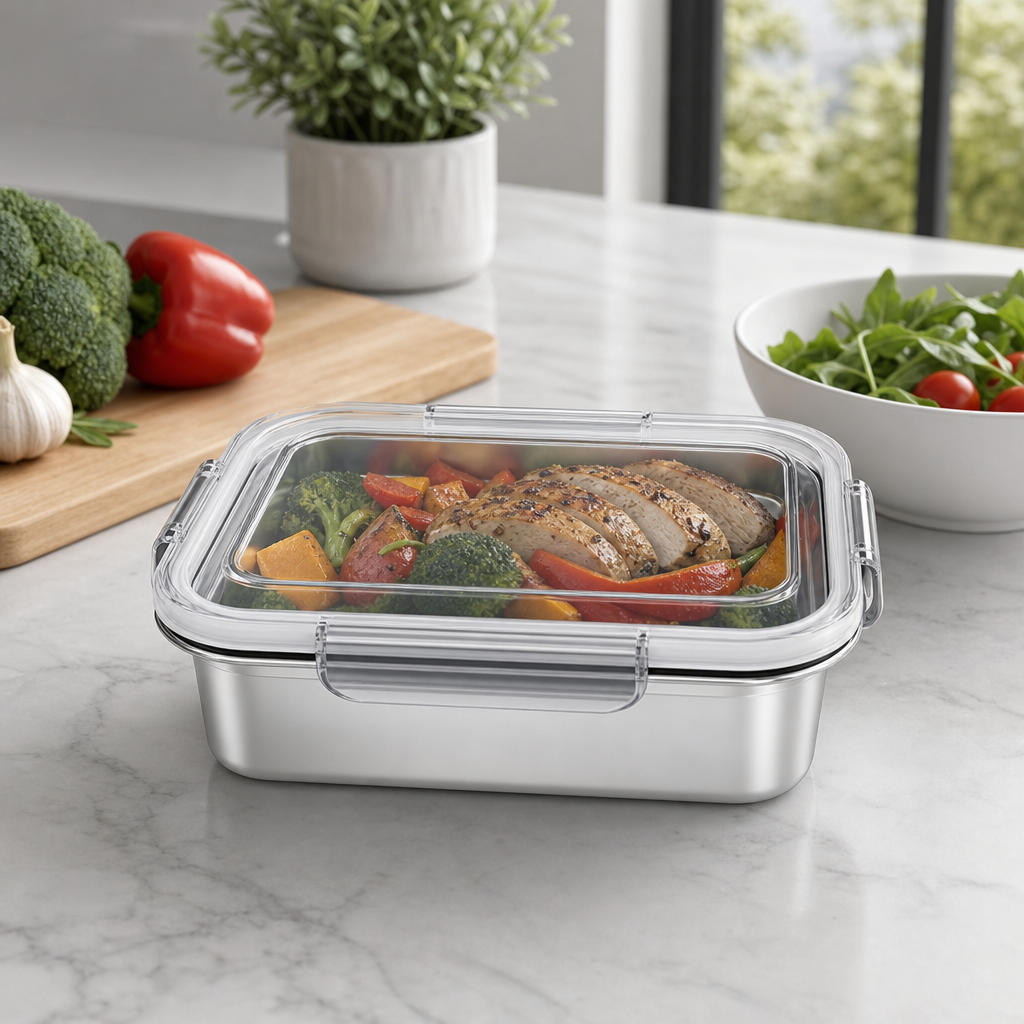 96 Pieces Food Storage Containers, Silver Rectangular Stainless Steel Box with Clear Locking Lid, 24 x 18 x 8 cm