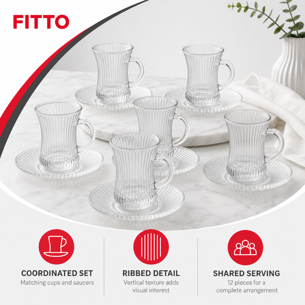 60 Pieces Tall Ribbed Clear Glass Tea Cup and Saucer Set, 12 Pieces