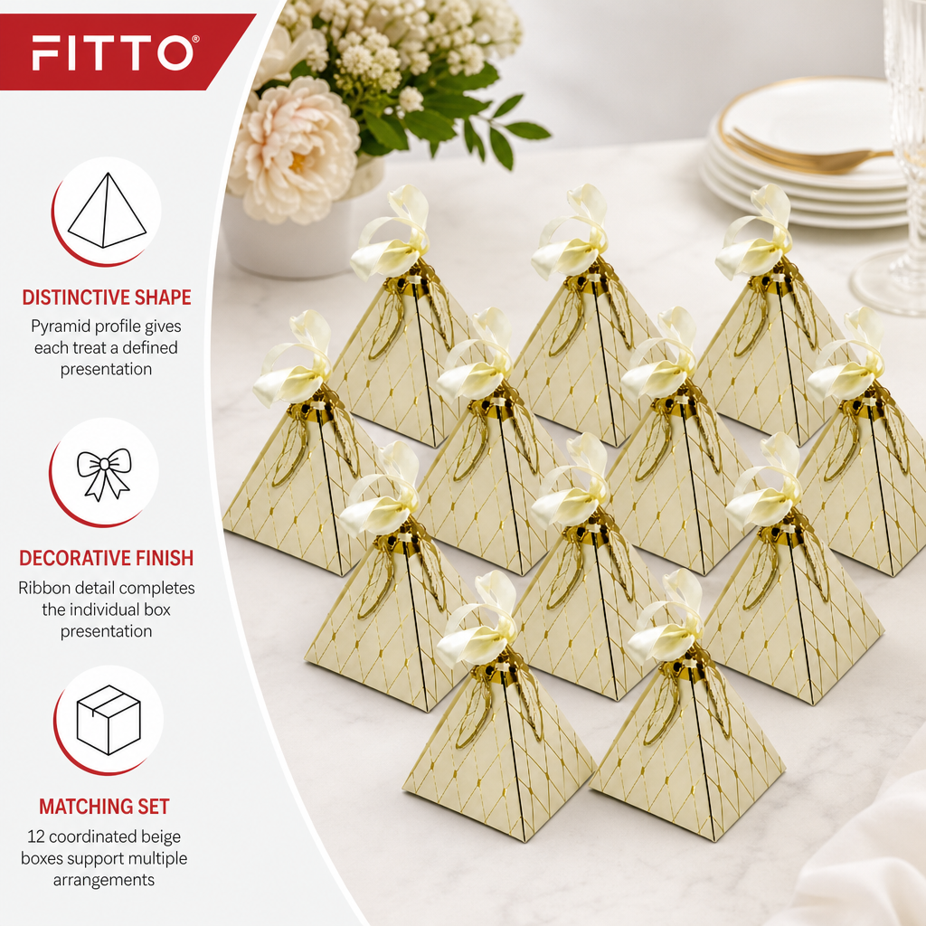96 Pieces Beige Paper Candy Favor Boxes with Ribbon, Pyramid Shape, 8.7 x 8.7 x 10 cm, 12 Pieces