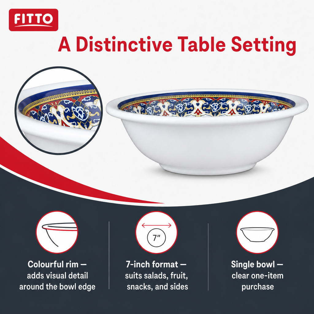 96 Pieces Melamine Salad Bowl, 7 Inch, Decorative Patterned Rim, White