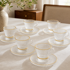 60 Pieces Textured Clear Glass Tea Cup and Saucer Set with Gold Rims, 220 ml, 12 Pieces