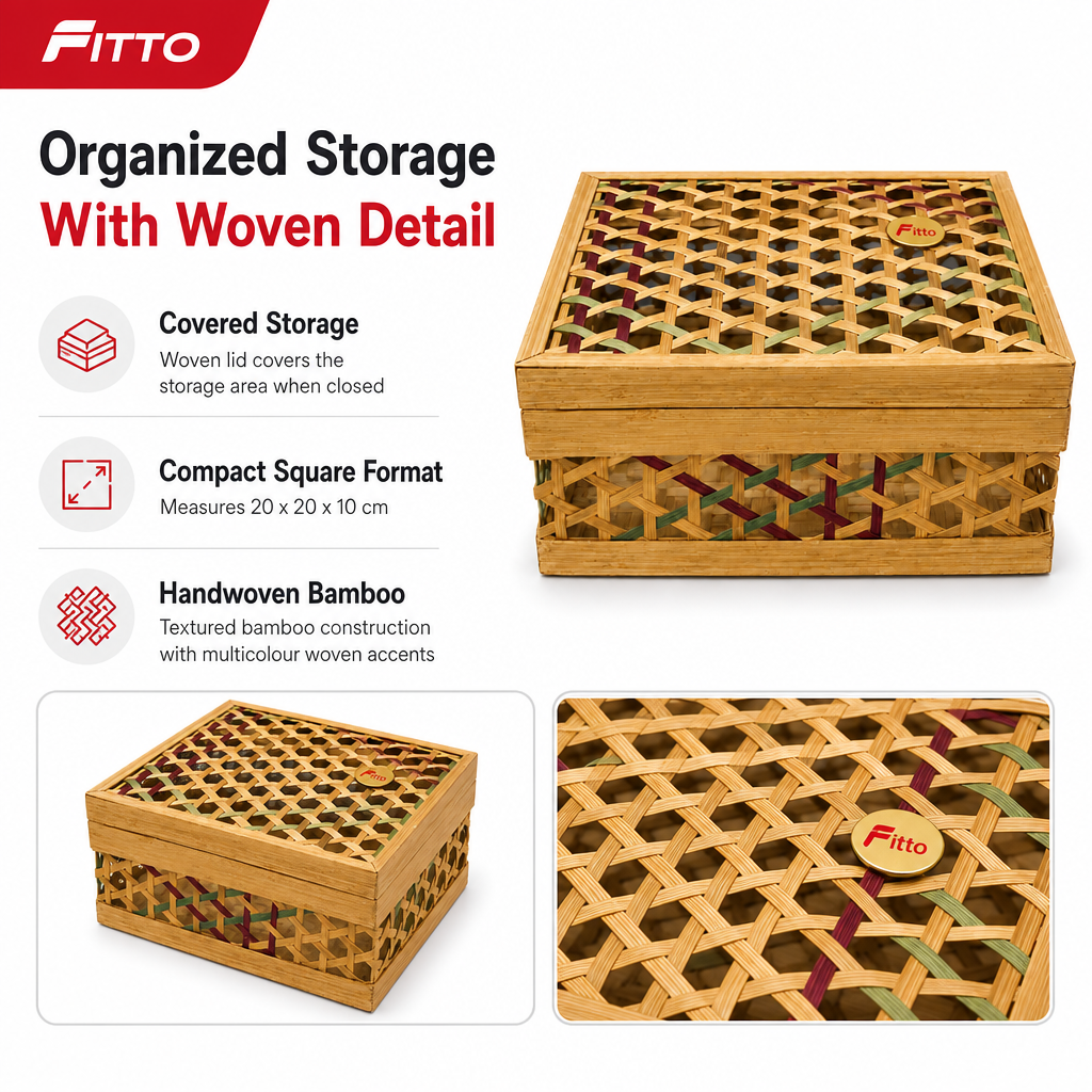 72 Pieces Handwoven Bamboo Storage Box with Woven Lid, Square Natural Design, 20 x 20 x 10 cm