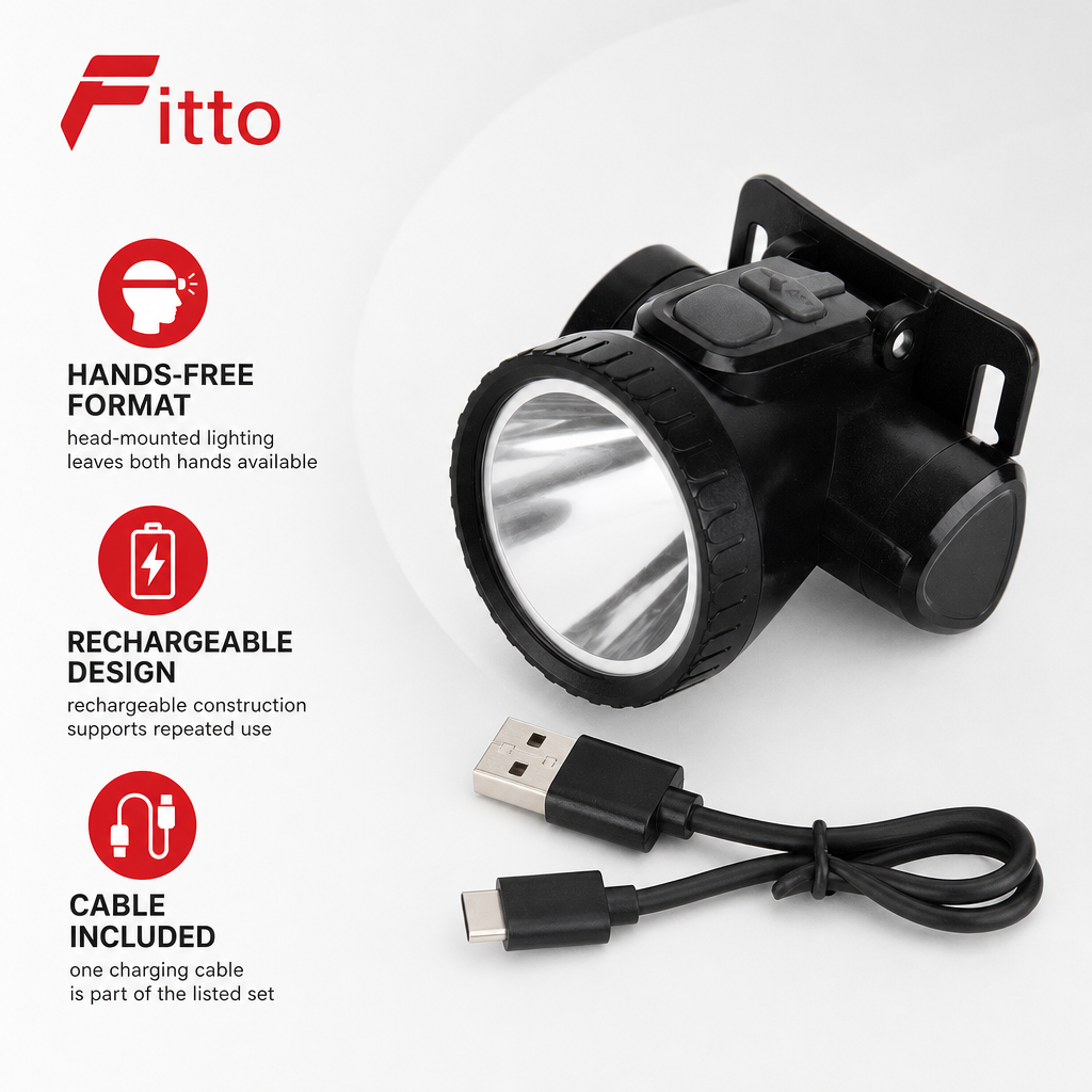 96 Pieces Black Rechargeable LED Headlamp with Charging Cable, 3 W, 1 Piece