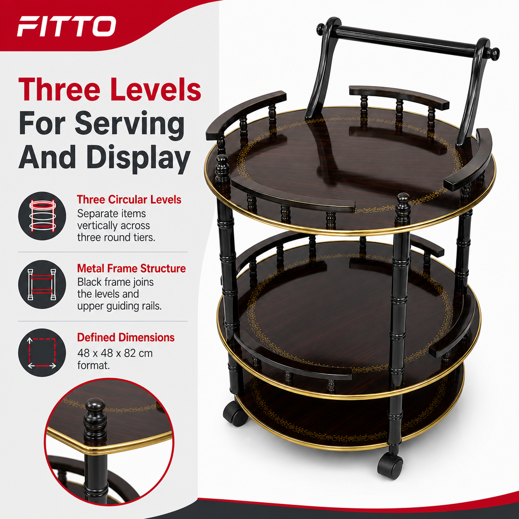 48 Pieces Three-Tier Round Serving Trolley with Metal Frame, Brown, 48 x 48 x 82 cm