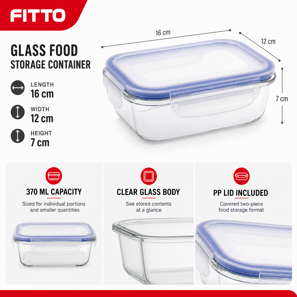 96 Pieces Rectangular Glass Food Storage Containers with PP Lid, 370 ml