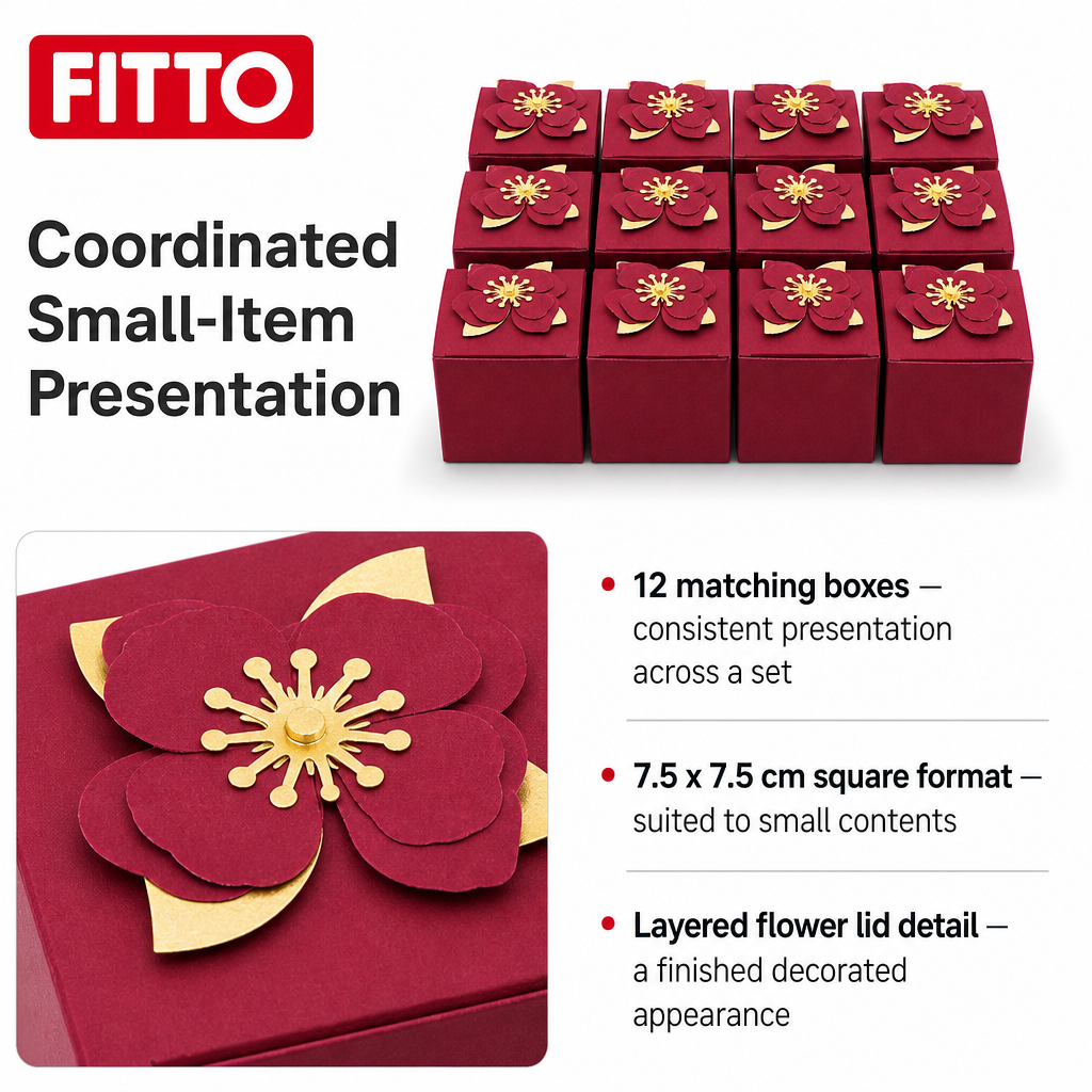 96 Pieces Paper Presentation Boxes with Floral Decoration, Maroon, 7.5 x 7.5 cm, 12 Pieces