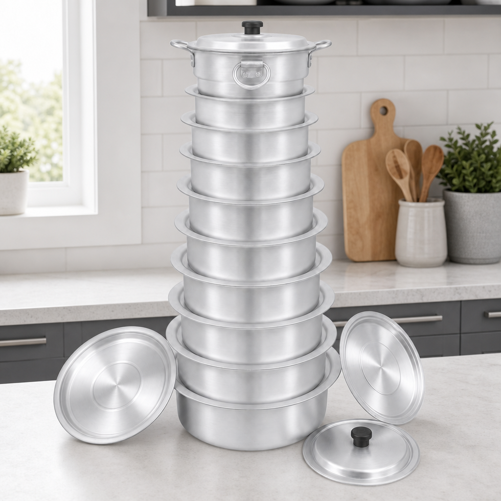 48 Pieces Aluminium Round Cooking Pot Set with Lids, 10 Pieces, Silver