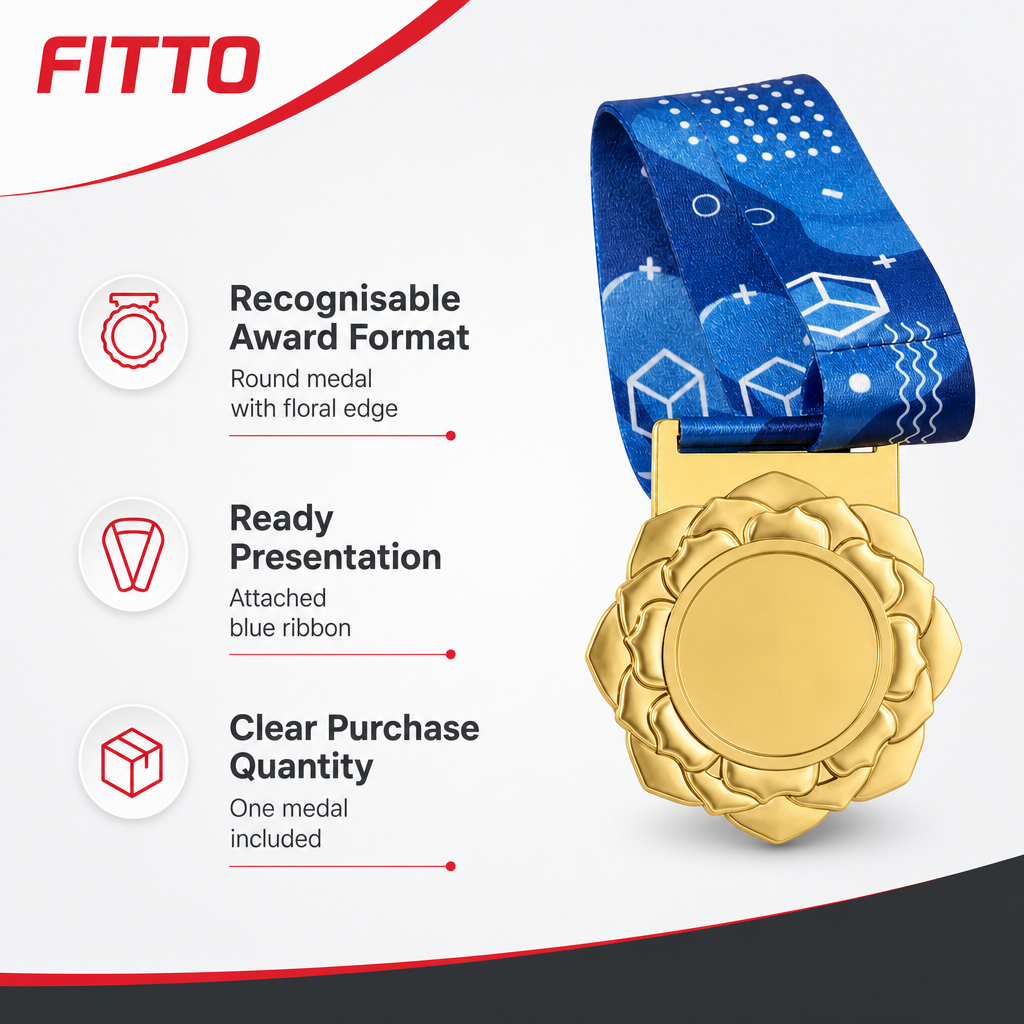 144 Pieces Flower Design Award Medal with Blue Ribbon, Gold Silver or Bronze Colour, Single Medal for Recognition Ceremonies
