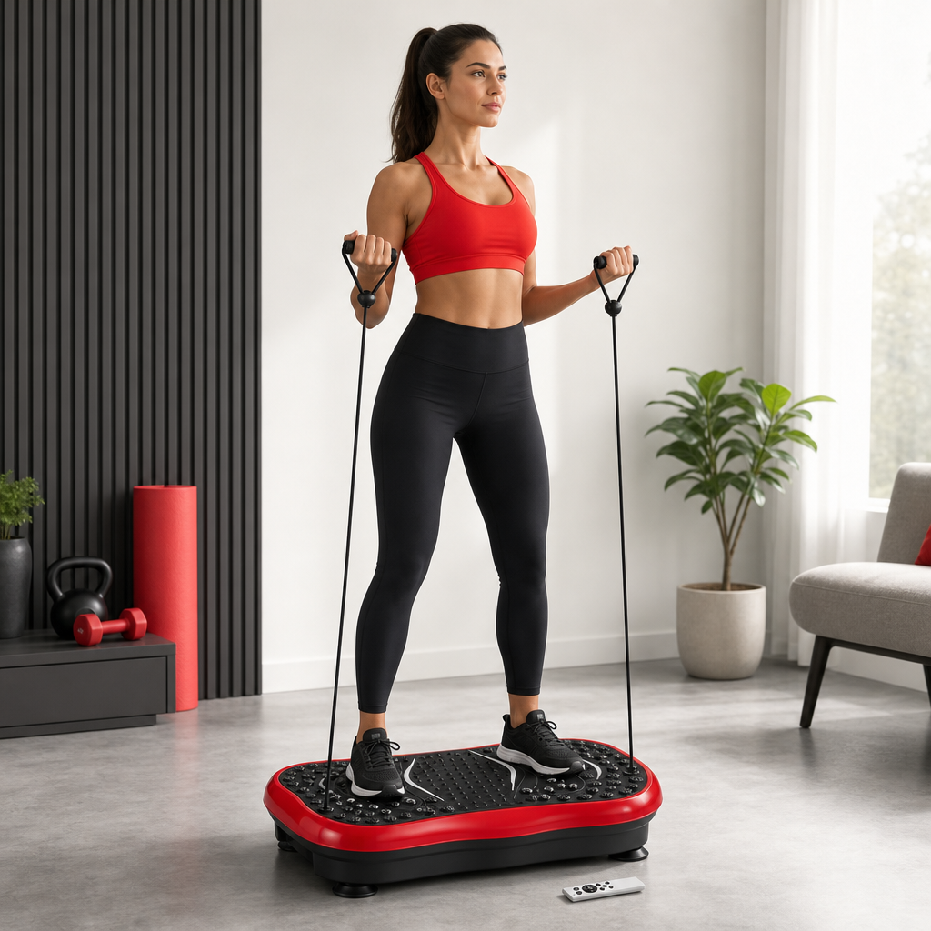 48 Pieces Vibration Exercise Platforms, Small Red Shaking Machine with Plastic Housing, Resistance Bands and Remote, 60 x 36 x 16 cm