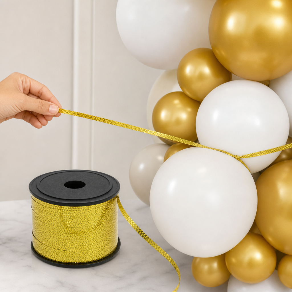 144 Pieces Gold Dotted Balloon Ribbon Roll, 5 mm x 100 yd, Party Decorations Ribbon
