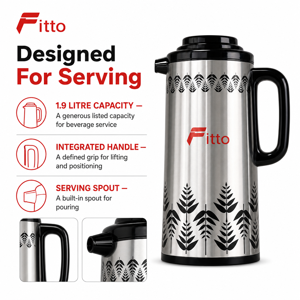 72 Pieces Vacuum Flask with Handle, Silver and Black Leaf Pattern, 1.9 Litre, 1 Piece
