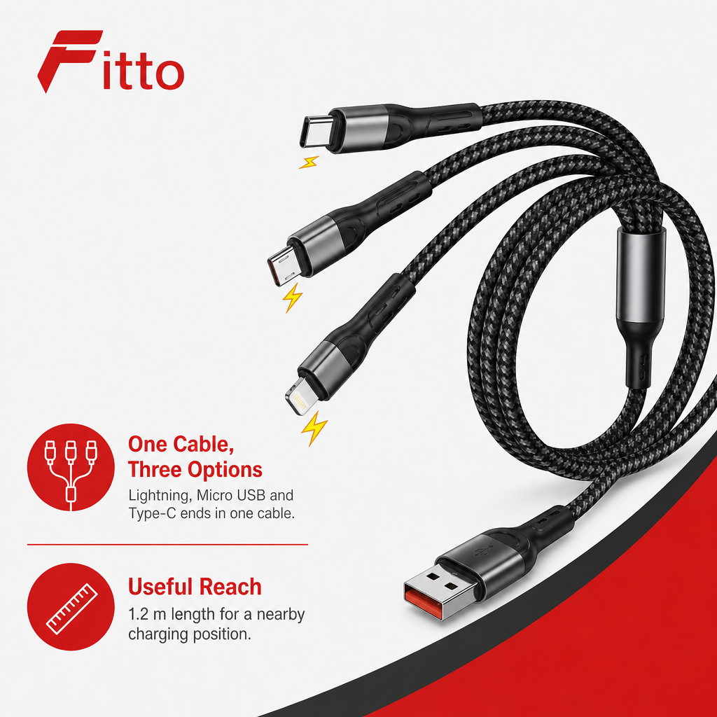 120 Pieces 3-in-1 Charging Cable, 1.2m Multi-Connector Cable for Lightning, Micro USB and Type-C Devices