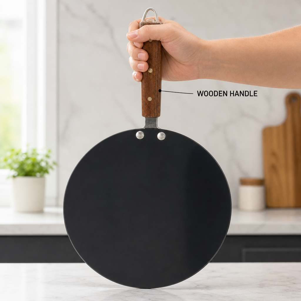 72 Pieces Non-Stick Tawa Pan with Wooden Handle, 14 Inch, Round Black Cookwares