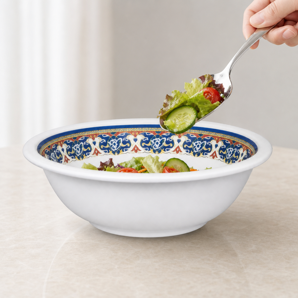 120 Pieces Melamine Salad Bowl, 6 Inch, White with Decorative Multicolour Rim, Single Bowl