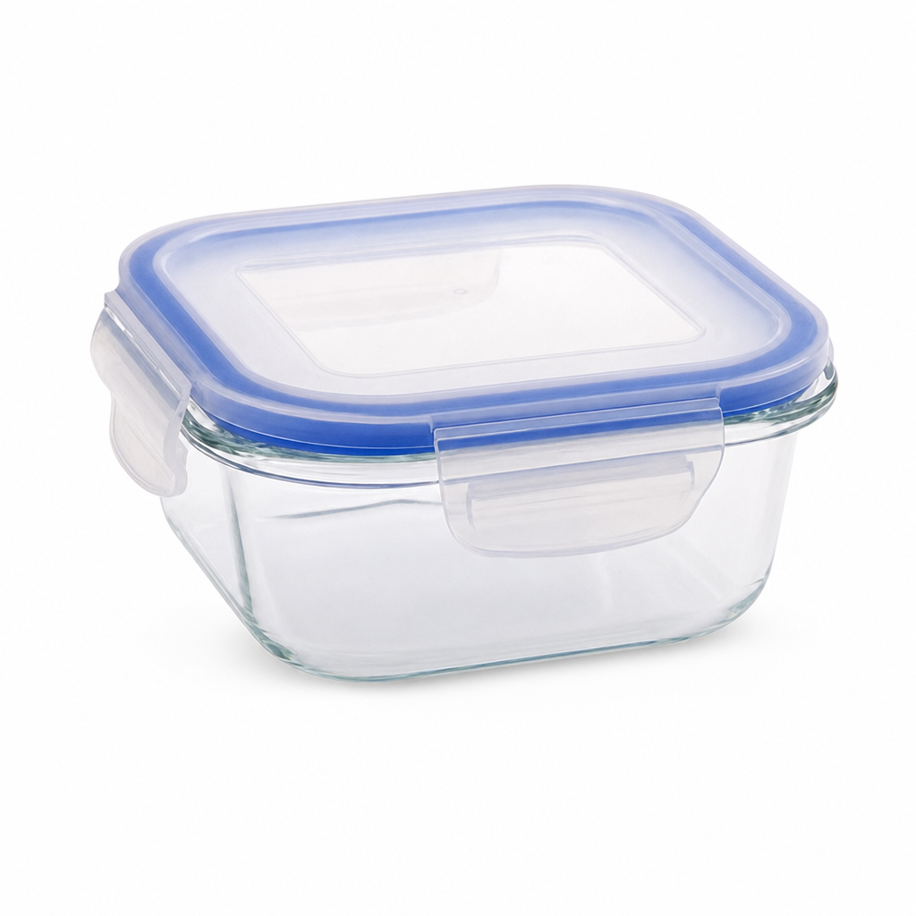 96 Pieces Square Glass Food Container With PP Lid, 1200 ml, Clear With Blue Lid