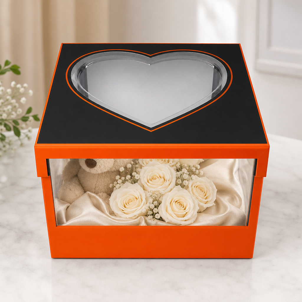 48 Pieces Acrylic Presentation Box, Orange and Black, Transparent Heart Window, 30 x 30 x 20 cm, 1 Piece