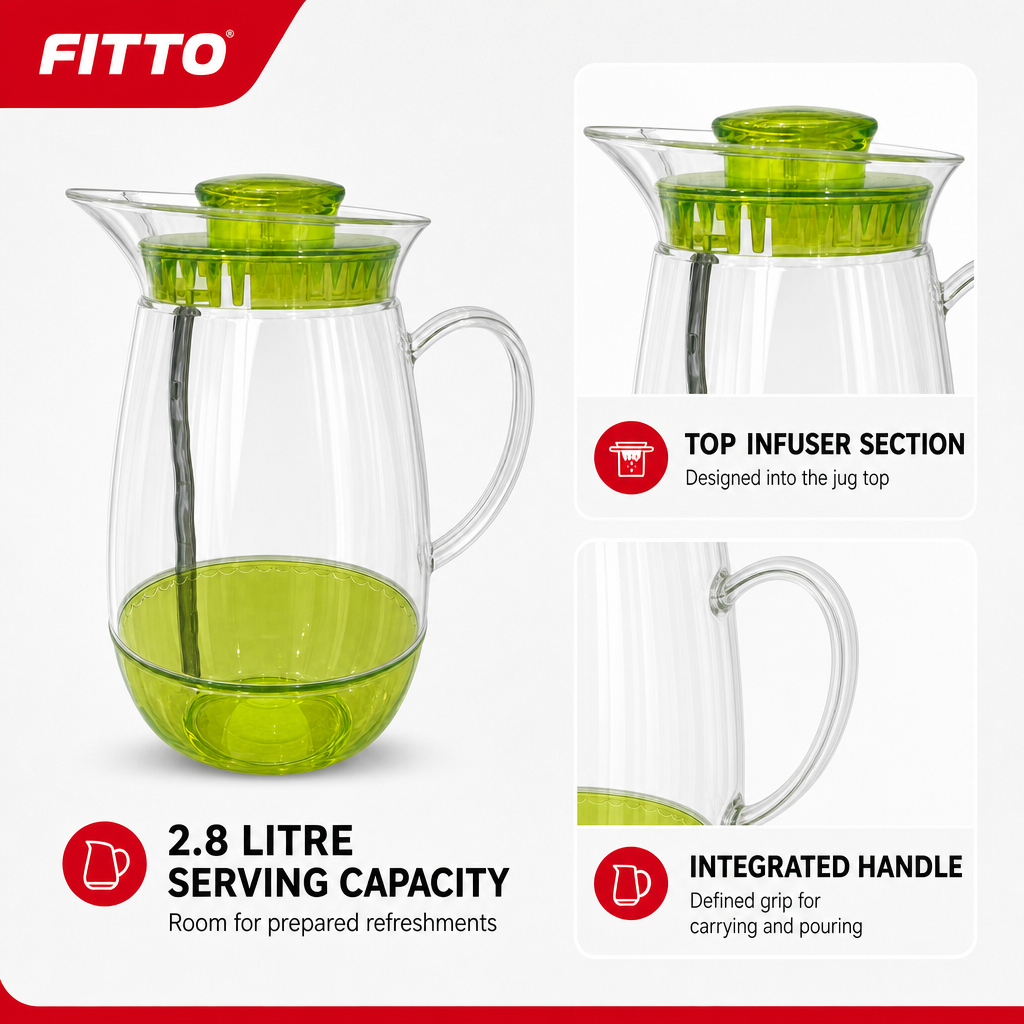 96 Pieces Water Jugs with Infuser and Handle, Transparent Plastic Beverage Pitcher, 2.8 Liter Capacity, Assorted Colour, 1 Piece