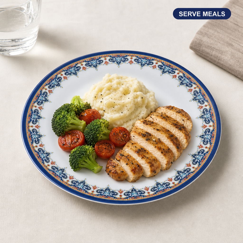 120 Pieces Melamine Dinner Plate, 9 Inch, White With Blue Decorative Border