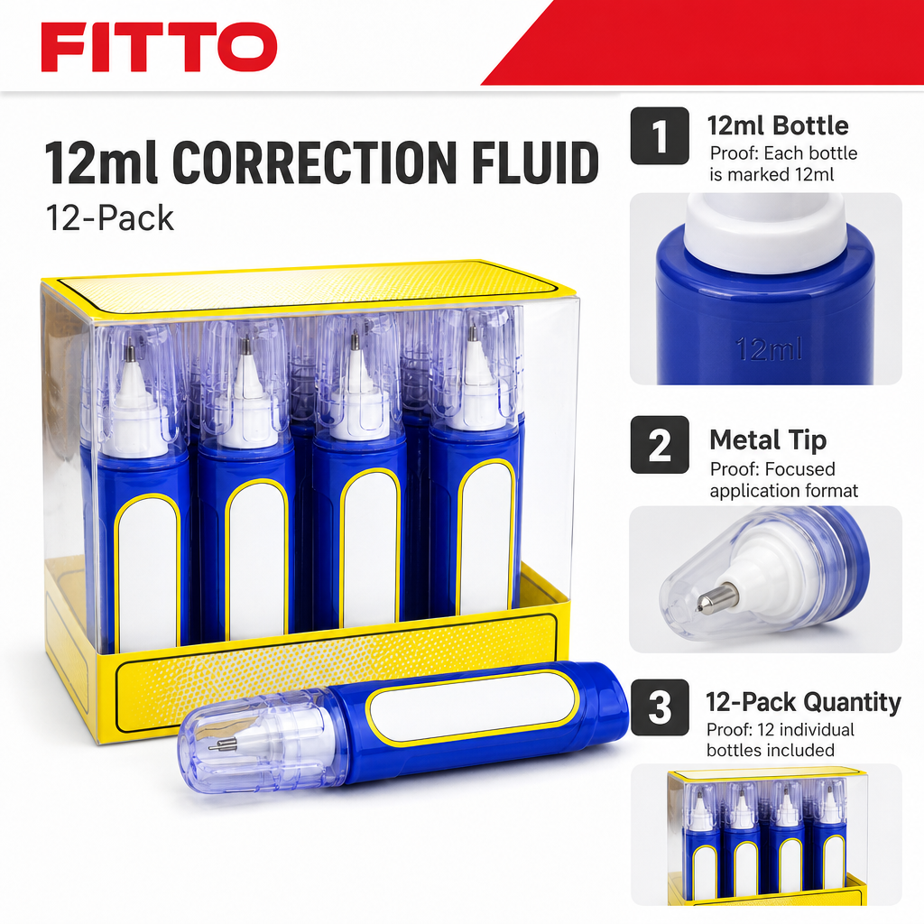 96 Pieces Correction Fluids 12ml With Metal Tip, 12-Pack