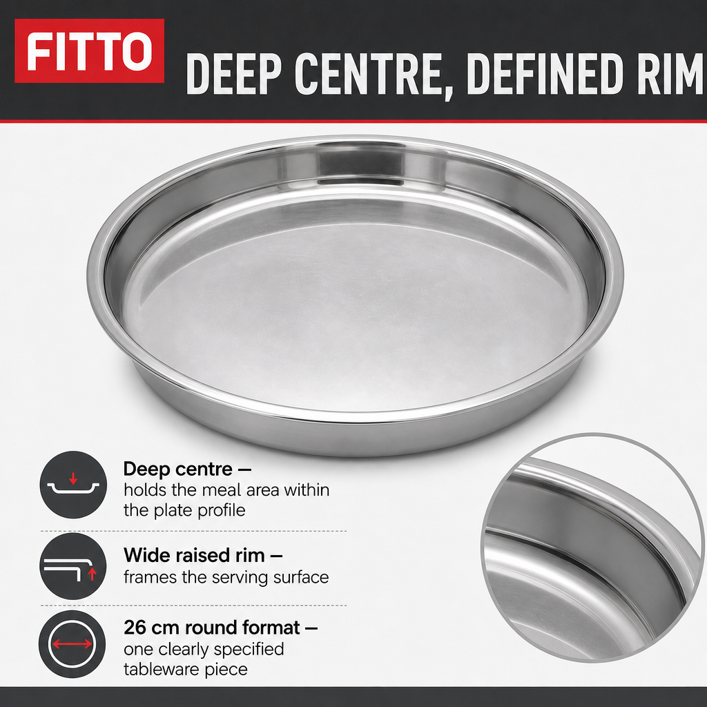 96 Pieces Stainless Steel Round Deep Plate with Wide Rim, 26 cm, 1 Piece