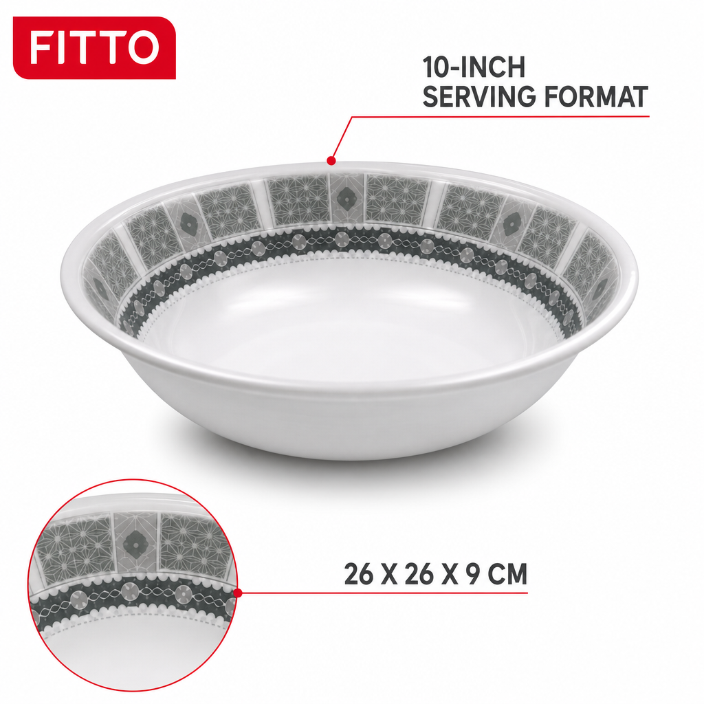 96 Pieces Melamine Salad Bowl, 10 Inch, Grey With Geometric Border