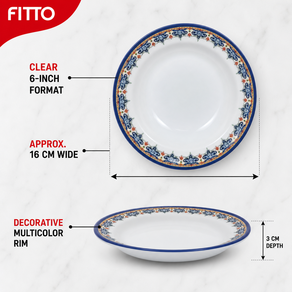 144 Pieces Melamine Dinner Plate, Round 6 Inch, White With Decorative Multicolor Rim