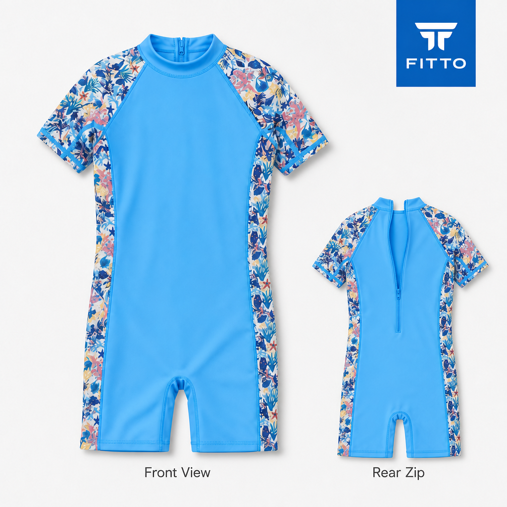 72 Pieces Blue Short-Sleeve Youth Swimming Suits with Floral Panels, Ages 7-14