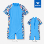 72 Pieces Blue Short-Sleeve Youth Swimming Suits with Floral Panels, Ages 7-14